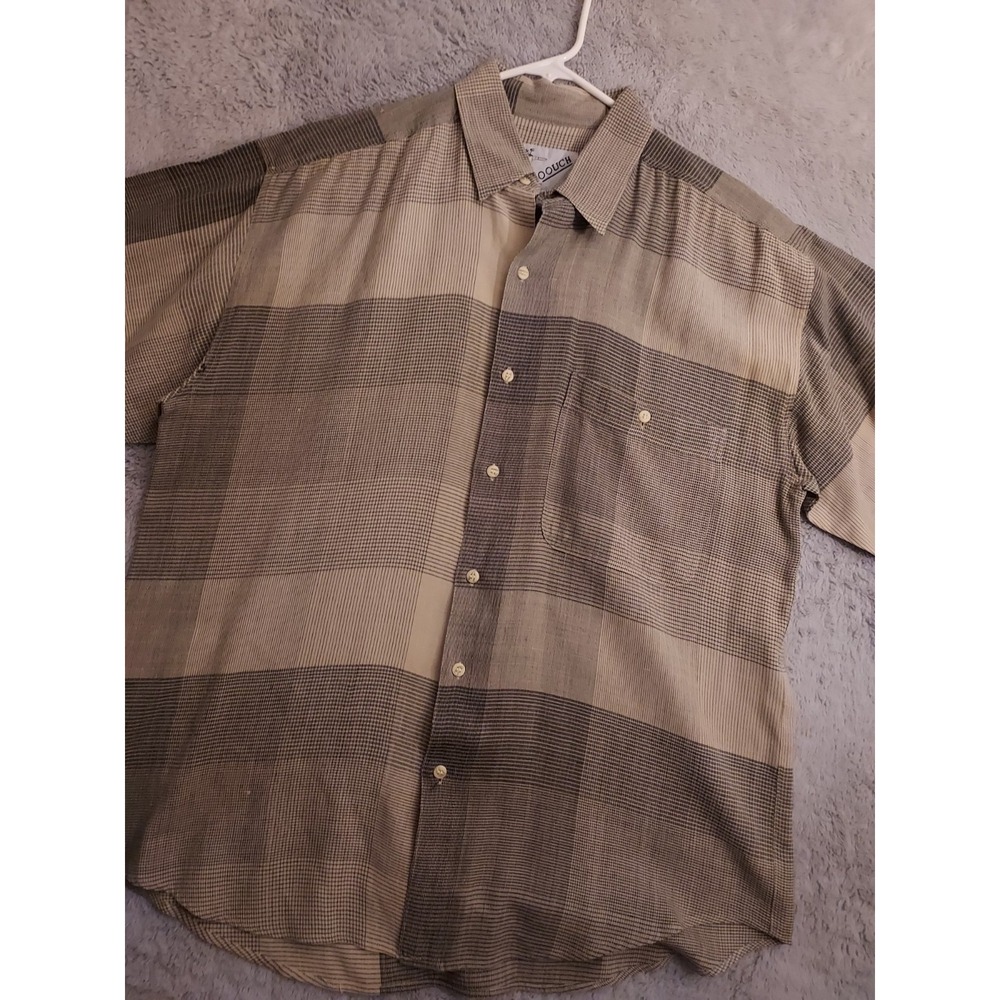 Vintage Goouch Shirt Mens Large Silk Linen Blend Gray Check Casual Beach 90s